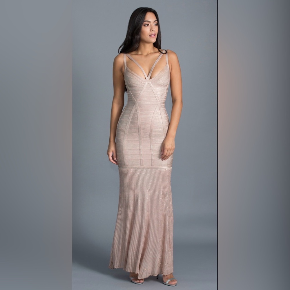 Herve Leger Zhenya Rose Gold Blush Bandage Gown